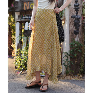 Yellow Check High Waist Ruffled Asymmetrical Flowy Long Skirt