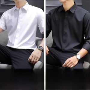 ROMON | Romon Mens Slim Fit Ice Silk Short Sleeve Shirt Thin Summer Business Casual Workwear Long Sleeve Jacket Spring Autumn