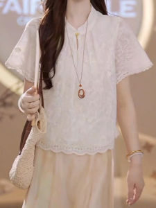 Shalldoer | French Elegant Lace Splicing Short Sleeve Shirt Womens New Summer Fashion Casual Loose Fit Pure Color U-Neckline Top