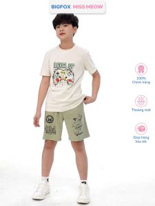Bộ cotton bé trai size đại Bigfox Miss Meow mùa hè cộc tay in đẹp 12131415 tuổi 40kg 50kg