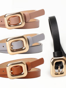 New Simple Geometric Gold Buckle Ladies Long Coat Khaki Outerwear Denim Pants High-End Sensation Thin Leather Waist Belt