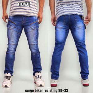 Celana Cargo Jeans Panjang Pria Bikers Garis Stretch Melar Denim Tebal Slimfit Skinny Size 28-33