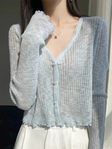 Womens Ice Silk Knit Cardigan Thin Style Summer Sun Protection Short Coat Dress Combination Small Capa Sweater
