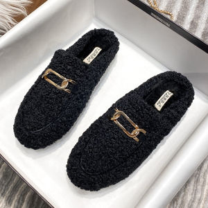 Womens Furry Slippers Autumn Winter Outerwear Warmth Plush Lined Head Cover Half Slippers Cotton Shoes Large Size 41 to 43