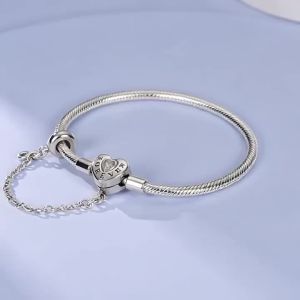 Vòng Tay Bạc 925 Sterling Hình Trái Tim Đào Dây An Toàn Dành Cho Nữ Thiết Kế Xương Rắn Tương Thích Với Charm Để Làm Đồ Trang Sức Tự Chế