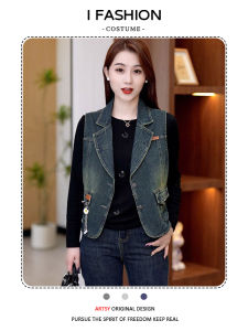 Retro Blue Vest Elegant Style Autumn New Versatile Slimming Design Top for Small Figures Commute Button up Short Length