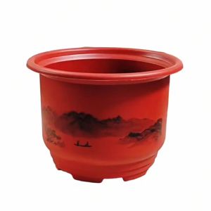 245. Round Flower Pot with Landscape Design Thickened Resin Matte Realistic Style Vintage Elegant Brick Red POT1150