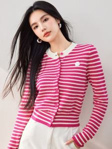 Áo Len Dệt Kim Màu Đỏ Kẻ Sọc Cổ Tròn Dài Tay Phong Cách Little Black Dress Áo Khoác Ngoài Đầu Thu Mới Giảm Tuổi Tác Áo Sơ Mi