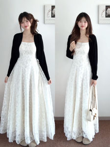 ZHENMANZI | French Style Jacquard White Dress with Waist Cinch