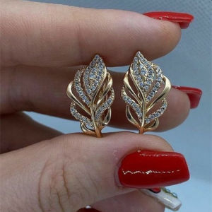 Huitan Leaf Shaped Hoop Earrings Gold Color Cubic Zircon Brilliant Earrings for Women Temperament Elegant Bridal Wedding Jewelry