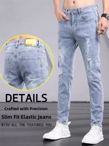 ROMON | Romon Mens Ripped Straight Leg Jeans Thin Stretchy Casual Long Trousers Summer Fashion Workwear Breathable Cool Feeling