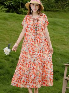 ชุดเดรสยาวผ้าไหมคอตตอนหรูหราสำหรับฤดูร้อน เสื้อผ้าทำงานลำลองสำหรับคุณแม่วัยกลางคน กระโปรงยาวคลุมเข่าผ้าฝ้ายเทียม