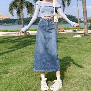Retro Blue High Waist Denim Mini Dress Womens Autumn Winter New Model Elegant Loose A-Line Skirt with Zipper Back Slit
