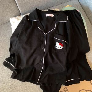 Elegant Black Long Sleeve Pants Set Womens Sleepwear Casual Style KT Cat Princess Home Clothes Four Seasons Universal Thin Model
