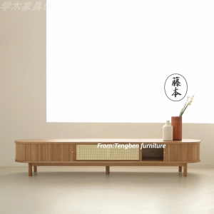 Rattan Woven Oak Wood TV Cabinet 1.8m Full Solid Wood Blind Rollers Audio Visual Cabinet Japanese Style Original Wood
