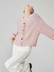 XIAODADEHUA | Womens Pink Wavy Jacquard Knitted Cardigan  Lazy Korean Style Soft