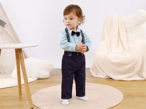 Baby Boys Christening Bodysuit Infant Baptism Outfit Toddler Wedding Gentleman Suit Long Sleeves Romper Suspenders Pants 2PCS