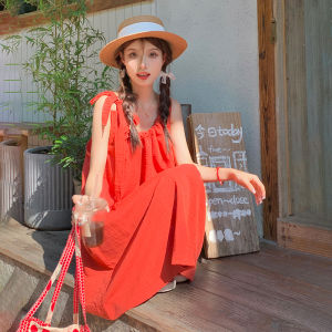 Dopamine Red Halter Neck Dress Womens Spring Summer Sleeveless Vest Beach Vacation Beach Doll Small Size French Style Loose Waist U-Neck Print Short A-Line Skirt Online Exclusive