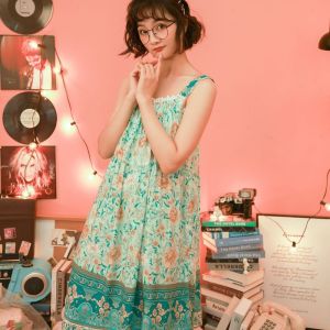 ชุดนอนผู้หญิงแขนกุดผ้าไหมคอตตอนสไตล์ญี่ปุ่น ชุดนอนฤดูร้อน ชุดนอนแขนกุด ชุดนอนผ้าไหมคอตตอน ชุดนอนสตรี