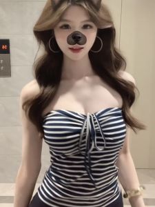 American Style Retro Striped Tie-Dipped Womens Slimming Top Fashionable Summer New Style Little Lady Bold Fashion Upper Body