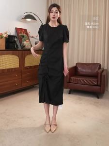 Slim Fit Round Neck Short Sleeve Drawstring Hem Solid Color Summer Dress