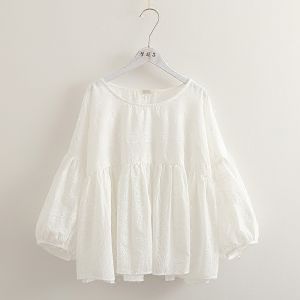 Dream Box 2024 New Artistic Fresh Flower Embroidered Lantern Sleeve Doll Shirt Versatile Loose Cotton White Shirt