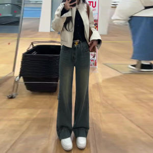Retro Blue Slim Wide Leg เดนิม กางเกงยีนส์ ผู้หญิง ฤดูหนาว Small Size High เอว หลวม Slim Straight Floor-Length กางเกงขายาว ฤดูใบไม้ร่วง ฤดูหนาว