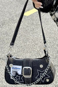 Star Pattern Denim Underarm Bag Retro Large Capacity Chain Shoulder Bag for Daily Use Neutral Tote Bag