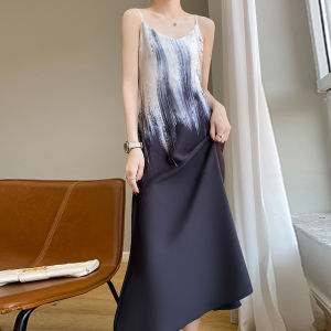 French Style Watercolor Printed Gradual Color Design V-Neck Long Summer Dress