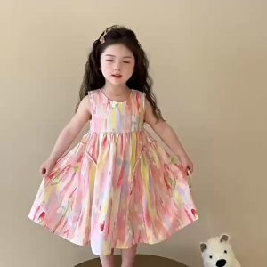 เดรสสาวฤดูร้อนใหม่เด็กผู้หญิงสมบัติชุดแม็กซี่แฟชั่นแขนกุดสวมใส่