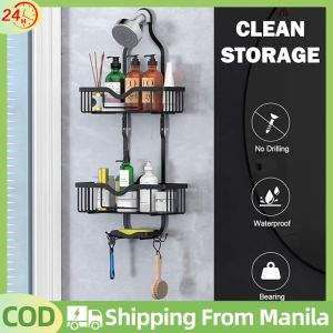 Stainless Bathroom Storage Rack Organizer Shelf Over Shower Head Bathroom Organizer Bathroom Shower Caddy Wall Mounted Basket Metal Shelf Rustproof Hooks Waterproof Detachable Shelves kitchen Storage Rack Organizer