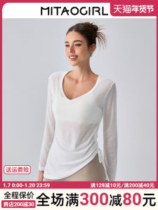 Mitaogirl Long Sleeve Mesh Yoga Fitness Clothing Loose Womens Sportswear Quick Dry Breathable T-Shirt for Gym And Yoga