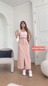 Acasey กระโปรง ผ้ายีนส์ ผ้ายืด ตัวยาวผ่าหน้า ไซส์ S - XL รุ่น กระโปรงผ่าหน้า เรีบบGm