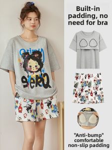 MiiOW | Pure Cotton Womens Sleepwear Set With Chest Pad Summer Casual Home Clothes Short Sleeve Short Pants Cute Cartoon Design