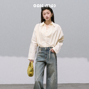 OAKMOO | Áo Sơ Mi Ngắn Có Nếp Nhăn Dây Đai Cổ Võng Mùa Thu