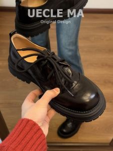 Vintage British Style Womens Leather Shoes Spring Autumn Thick Bottom Slip-On Loafers round Toe Soft Surface Rubber Sole