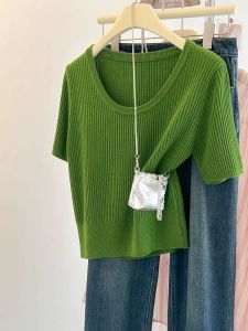 Loose U-neck Short Sleeve Ice Silk Thin Knitted Top Green Casual Style plus Size Womens T-shirt Summer Fashionable plus Size