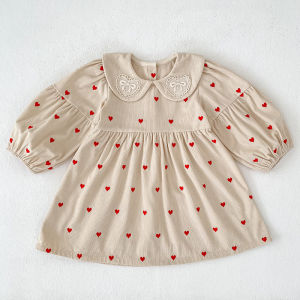 Baby Girl Long Sleeve Corduroy Dress Heart Print Lace Lapel Puff Sleeve Sweet Casual Kids Autumn Princess Outfit 2-6 Years Old