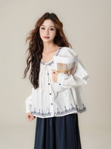 SHANGWEILUO | Vintage Embroidered Lace Round Neck Long Sleeve Womens Autumn Shirt