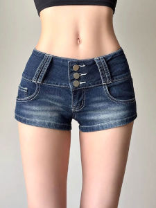 Ultra Short Jeans Low Waist Distressed Washed Single Button Womens Spring Elastic Butt Covering Hot Pants Cotton Stretch Denim