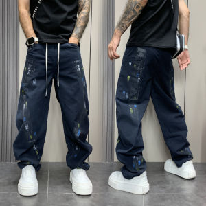 Trendy Loose Straight Leg Jeans Graffiti Knife Edge Casual Mens Design Sensation Long Pants Autumn Fashion Street Style