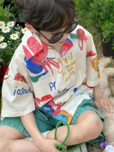 Three Spring Dawn Boys Short Sleeve Shirt Flip Collar Childrens Clothing Cotton Summer New Style Korean Version Baby Shirt