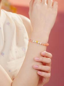 ZHOU LIU FU 周六福 Natural Agate Beaded Bracelet S925 Sterling Silver Bracelet Freshwater Pearls Bracelets 18K Gold Plated Flowers for Women Girl Charm Stretch Bracelets 17CM J1915867