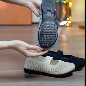 Women's Comfortable Mesh Shoes: Anti-Slip Flat Sole Ladies Doll Shoes Slip-On