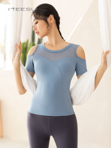 ชุดโยคะ Meisu สำหรับผู้หญิงพร้อมแผ่นเสริมหน้าอก คอลเลกชั่นฤดูใบไม้ผลิและฤดูร้อน แขนสั้น คอวี ชุดสองชิ้น ชุดโยคะ