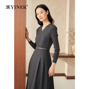 French Elegance Gray V-Neck Cinched-Waist Wool Blend Dress