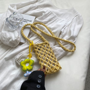 Spring Summer Mini Knitted Crossbody Phone Bag Womens Hollow out Woven Personalized Youth Fashion Floral Pattern Handbag