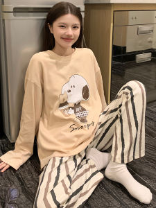 2024 New Womens Long Sleeve Cotton Pajamas Set Cartoon Snoopy Home Clothes Spring Autumn Style Comfortable Breathable Sleepwear