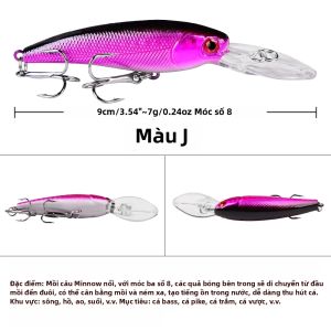 PROBEROS 1 Cái 90mm Mồi Câu Cá Nổi Dạng Cá Con Mồi Cứng Có Móc Ba Ngạnh 7g Mồi Giả Câu Cá Chép Cá Vược Cá Chó.