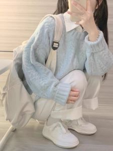 Blue Lazy Twist Sweater for Women Thick Wide Loose Fit Round Neck Knit Shirt Pullover Single Piece Long Sleeves